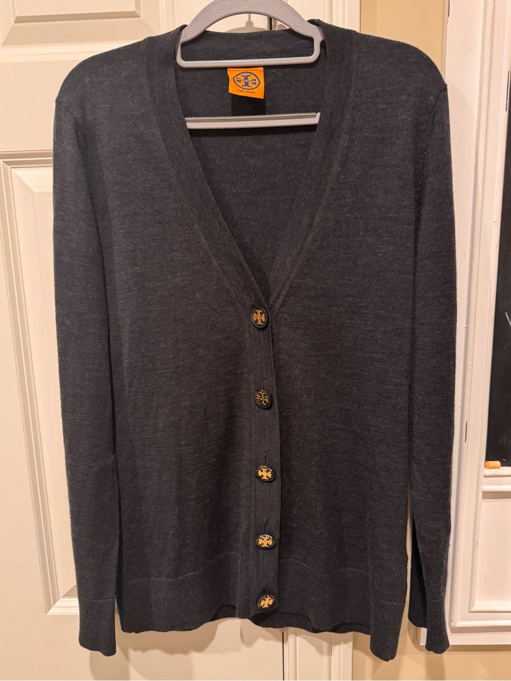 Tory Burch Charcoal Grey Merino Wool V-Neck Cardigan with Logo Buttons